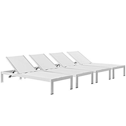 Modway Shore Aluminum Textilene® Mesh Outdoor Patio Chaise Lounge Chairs Silver White