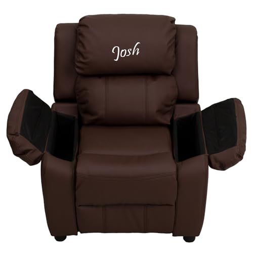 Flash Furniture Personalized Kids Recliner with Storage Arms Brown Leathersoft