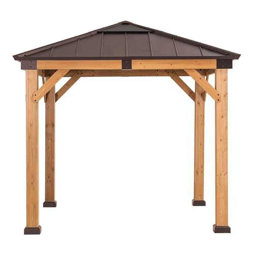 Sunjoy Hardtop Gazebo 9x9 ft Cedar Frame with Brown Steel Roof Natural Wood