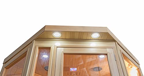 Heat Wave 3 Person Sauna Corner Fitting Infrared FIR FAR 7 Carbon Heaters Hemlock Wood MP3 Player 2 Speakers Color Therapy Light LED Control Panel Wood