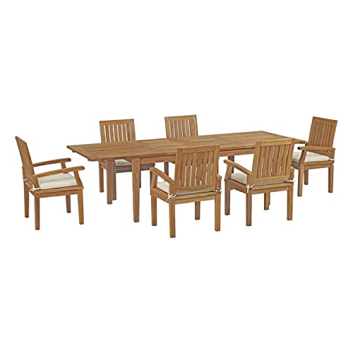 Modway Marina 7-Piece Teak Wood Outdoor Patio Dining Furniture Set Natural White