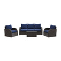 CorLiving Brisbane Wicker/Rattan 6-Piece Conversation Set with Blue Cushions