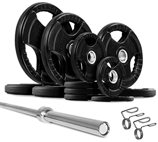 French Fitness Rubber Grip Weight Plate Set w/ 7 ft Olympic Bar 305 lbs