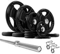 French Fitness Rubber Grip Weight Plate Set w/ 7 ft Olympic Bar 305 lbs