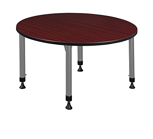 Romig 48 in. Round Adjustable Classroom Table Mahogany with 4 Zeng Stack Chairs Black