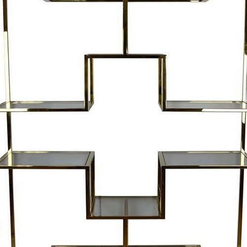 Benzara Adena 75 Inch Tall Plant Stand Geometric Metal Shelves Gold