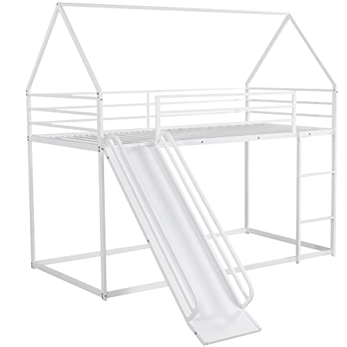 Brisca Metal Twin Size House Bed with Roof and Slats Support White