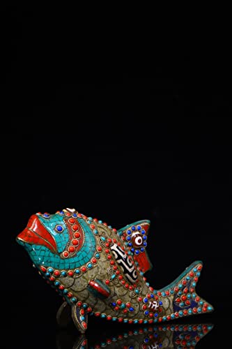 Generic 9" Tibetan Bronze Dzi Beads Carp Statue Ornament