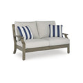 Signature Design by Ashley Rainier Ranch Outdoor Loveseat with Cushions and Pillows Light Brown & Light Gray
