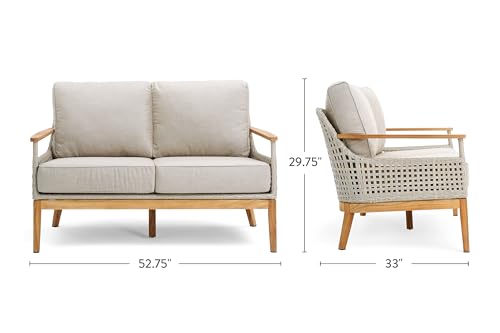 Winston August Loveseat Natural Teak Wood Driftwood Grid Weave Sunbrella Cast Ash