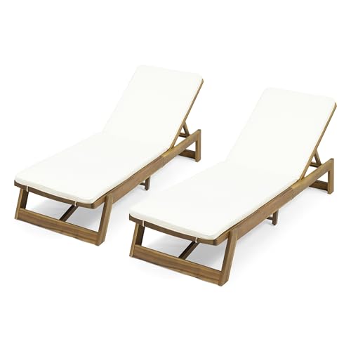 Christopher Knight Home Maki Outdoor Acacia Wood Chaise Lounge Set of 2 Teak Yellow Cream