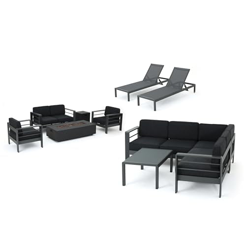 Christopher Knight Home Cape Coral 11 Piece Outdoor Conversation Set with Chaise Lounge and Fire Table Gray + Dark Gray