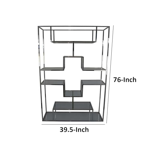 Benzara Adena 76 Inch Tall Plant Stand Geometric Style Metal Shelves Silver
