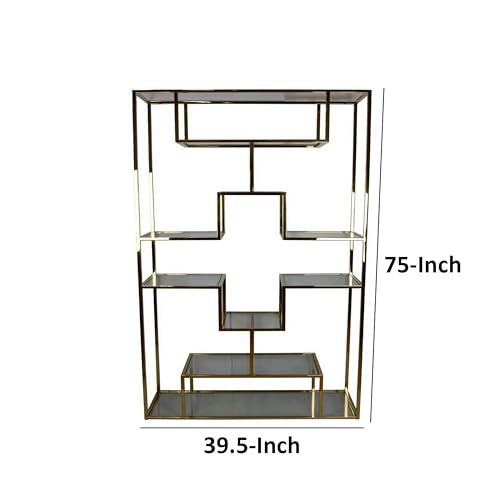 Benzara Adena 75 Inch Tall Plant Stand Geometric Metal Shelves Gold
