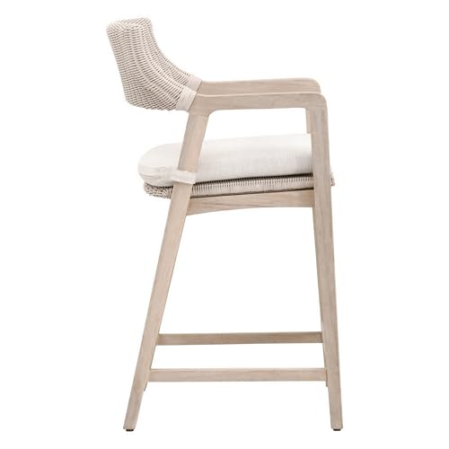 Benzara 28 Inch Outdoor Counter Stool Chair Synthetic Wicker Gray White