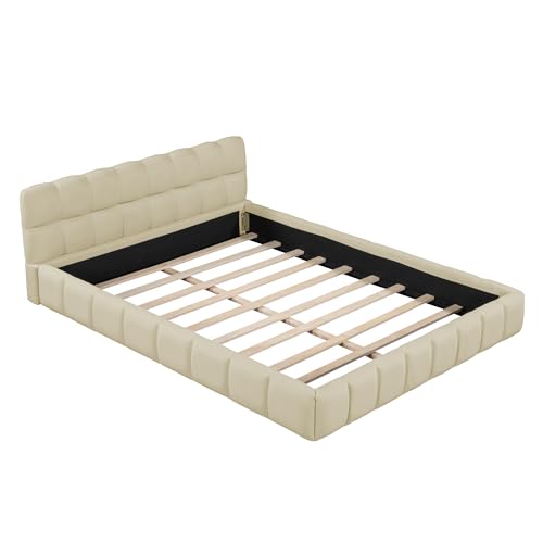 Jintop Queen Size Linen Upholstered Platform Bed Beige