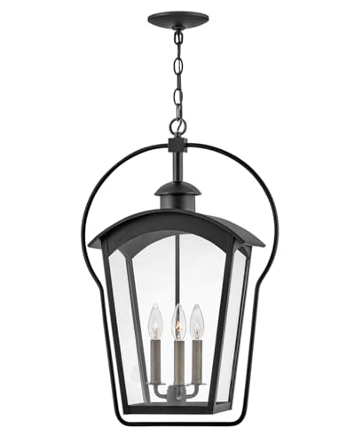 Hinkley Yale Large Hanging Outdoor Lantern - 3-Light, Damp Rated, Clear Glass, Aluminum - Black