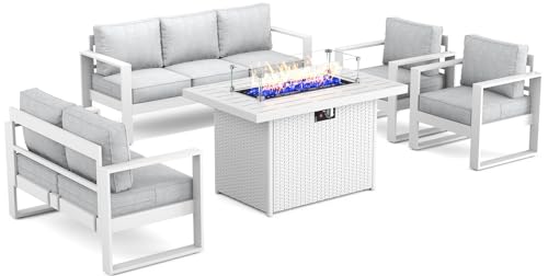 Vakollia 5-Piece Outdoor Aluminum Furniture Set with Fire Pit Table Light Grey