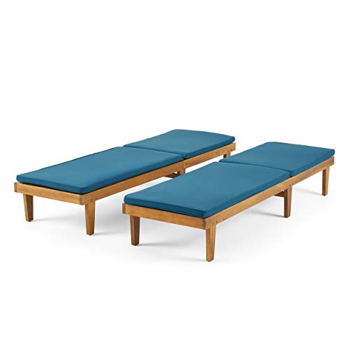 Christopher Knight Home Madge Outdoor Chaise Lounge with Cushion Set of 2 Teak Finish Blue