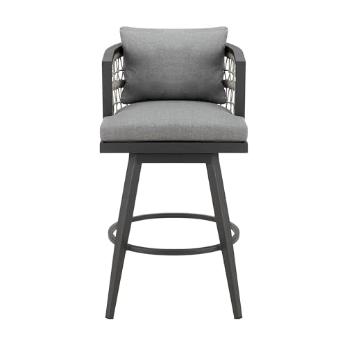 Armen Living Zella Outdoor Patio Swivel Bar Stool Aluminum Light Gray Rope Earl Gray Cushions