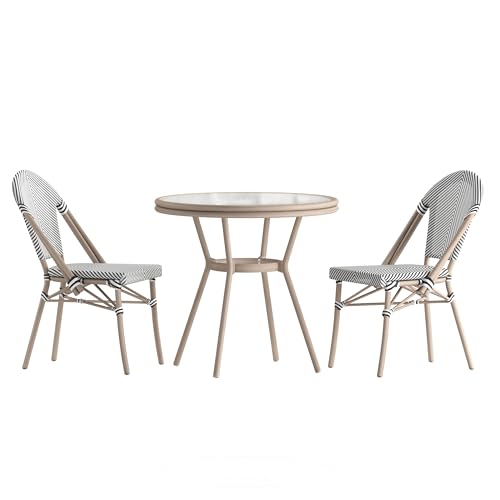 EMMA + OLIVER Massalia Indoor/Outdoor Bistro Set - Black & White Textilene - Light Natural Bamboo Frame