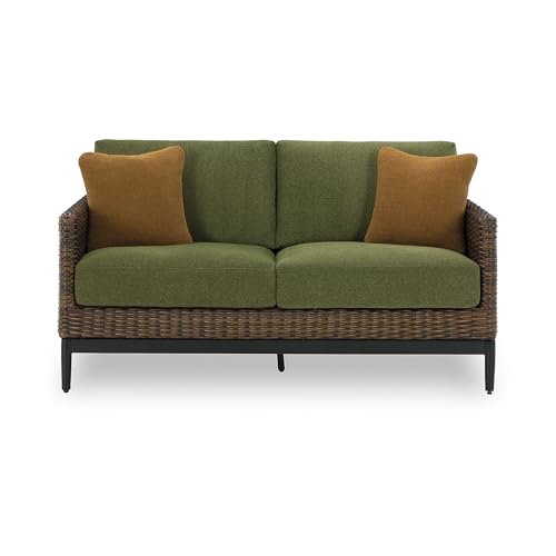 Signature Design by Ashley Horizon Hall Vintage Outdoor Loveseat with Cushion and Pillows Green & Dark Brown