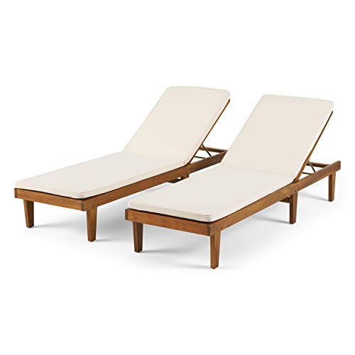 Christopher Knight Home Madge Outdoor Chaise Lounge with Cushion Set of 2 Teak Finish Cream