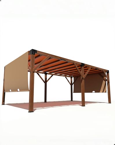 DEXSO 12' x 20' Cedar Wood Pergola with Retractable Shade Canopy Reddish-Brown
