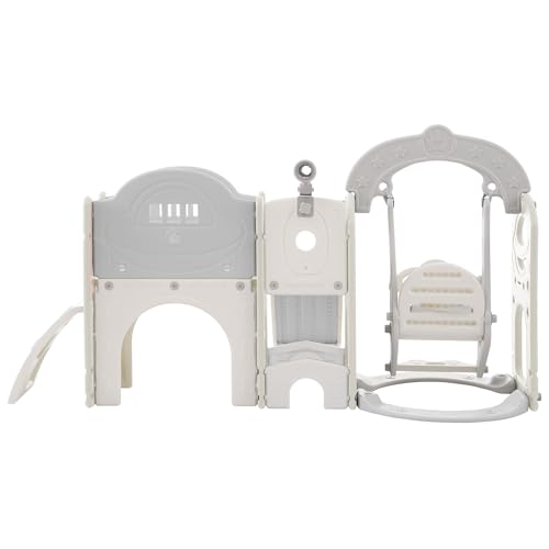 Miscoos 7-in-1 Toddler Playset with Slide, Swing & Basketball Hoop Gray+White