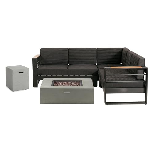 Christopher Knight Home Giovanna V Shape Sofa Set with Fire Pit, 5-Piece Outdoor Conversation Set, Black