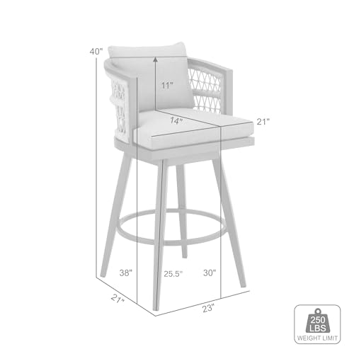 Armen Living Zella Outdoor Patio Swivel Bar Stool Aluminum Light Gray Rope Earl Gray Cushions