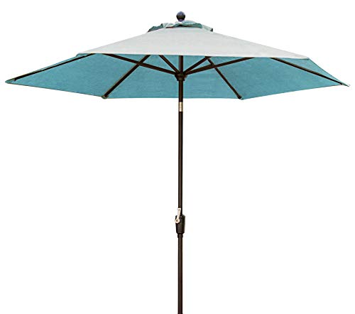 Hanover 5-Piece Traditions 48" Cast-Top Aluminum Patio Dining Set with Cushioned Chairs and Umbrella Stand Blue