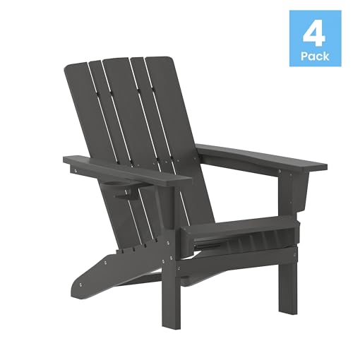 EMMA + OLIVER Haley Adirondack Chairs Set of 4 Weather Resistant Poly Resin Gray