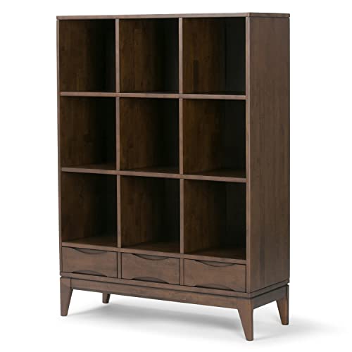 SIMPLIHOME Harper Solid Hardwood Mid Century Modern Cube Storage Bookcase with Drawers Walnut Brown