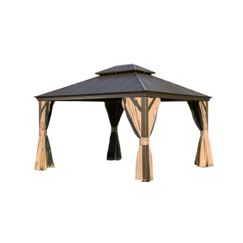 LOPOO Hardtop Gazebo with Curtains & Netting - Outdoor Aluminum Frame Pavilion with Steel Double Roof Canopy - Brown 12Ft x 14Ft