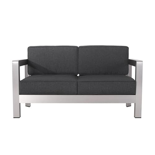 Christopher Knight Home Pismo Outdoor 4-Seater Aluminum Conversation Set with Fire Pit Silver + Dark Gray