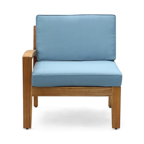 Christopher Knight Home Grena Outdoor Acacia Wood 4-Seater Sectional Set with Ottoman and Coffee Table Teak + Blue