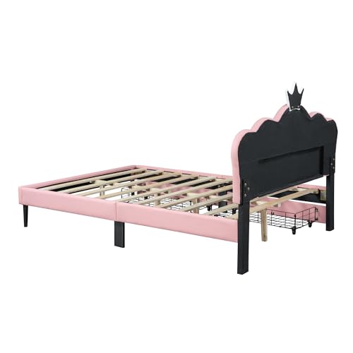 Brisca PU Upholstered Princess Bed with Crown Headboard and Storage, White+Pink