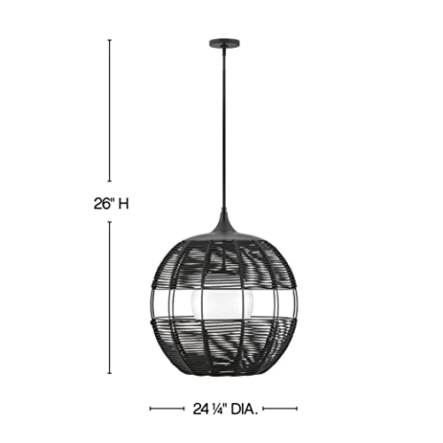 Hinkley Maddox Outdoor Large Bohemian Orb Pendant Light - Woven Weather-Resistant Nylon, Etched Opal Globe - Black