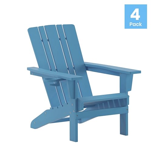 BizChair Adirondack Chairs Set of 4 with Cup Holders, Weather Resistant Poly Resin Blue
