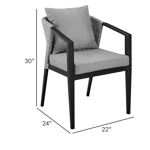 Benzara Nyla 22 Inch Patio Dining Chair Set of 2 Aluminum Wicker Black Gray