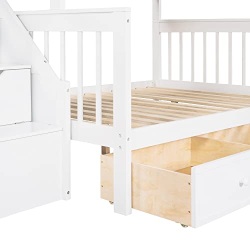 DRELOFT L-Shaped Twin Bunk Bed with Storage Drawers White