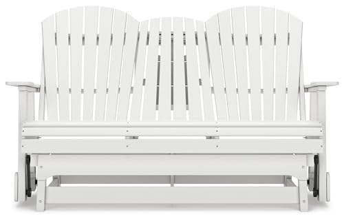 Signature Design by Ashley Hyland Wave Outdoor Glider Loveseat with Drop Down Table and Cup Holders White