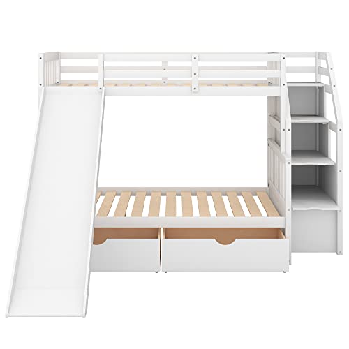 Flieks Twin Over Full Bunk Bed with Drawers and Slide White