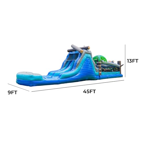 XJUMP Commercial 45' Tropical Wet/Dry Obstacle Dual Lane Slide with Pool Blue