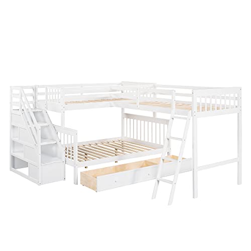 DRELOFT L-Shaped Twin Bunk Bed with Storage Drawers White