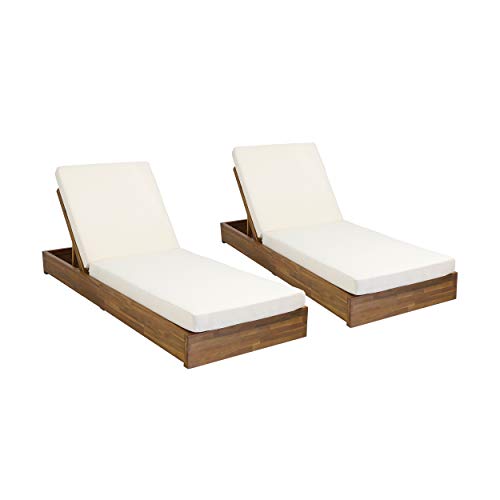 Christopher Knight Home Abraham Outdoor Acacia Wood Chaise Lounge Set of 2 Teak Finish + Cream
