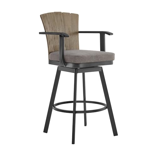 HomeRoots 40" Charcoal Metal Swivel Outdoor Counter Height Bar Chair with Footrest Black