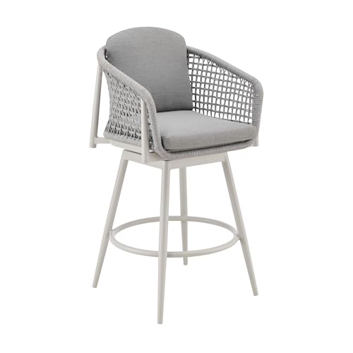 HomeRoots 40" Light Gray Metal Swivel Outdoor Counter Height Bar Chair with Footrest Grey