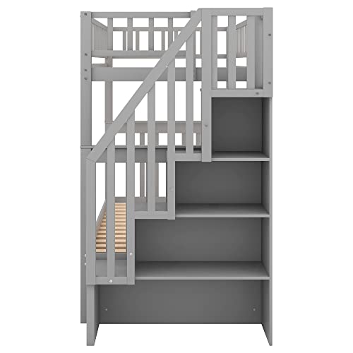 Merax Twin Over Twin Bunk Beds with Staircase and Trundle Grey
